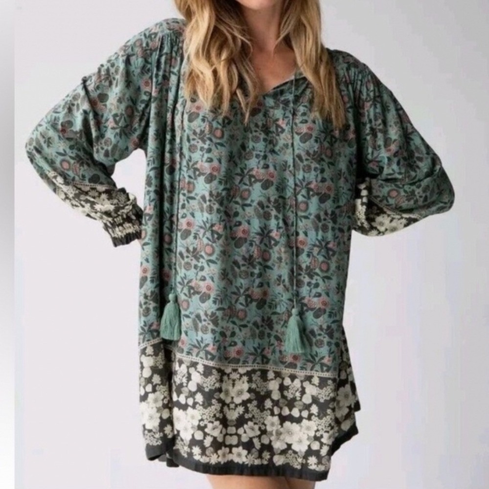 Natural Life Boho Printed Dara V Neck Mini Dress Tunic Womens S Turquoise Floral